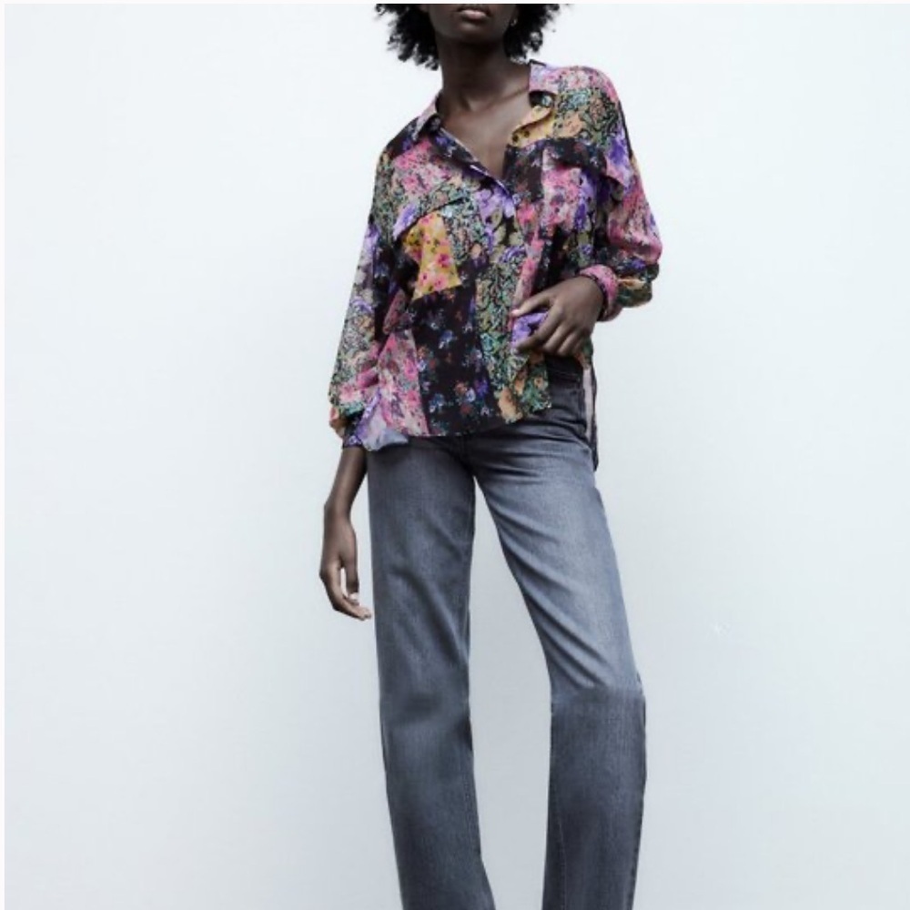 Zara Floral Patch Button Down Blouse - image 2